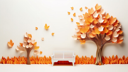 Canvas Print - a bench in an autumn park on a white background paper sculpture. Generative AI