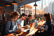 A Busy Coffee Shop With People Lined Up, Laptops Open, And Conversations Buzzing, Illustrating The Dynamic Atmosphere And Productivity Of A Busy Work Environment. Generative AI