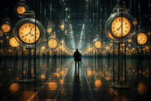 Clocks Set To Different Time Zones, Surrounded By Mirrors, Reflecting The Constant Movement And Global Reach Of Busy People As They Navigate Different Time Zones And International Generative AI