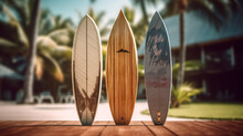 Blur Surfboard And Palm Leaf On Tropical Beach Abstract Background. Travel Concept. Generative Ai