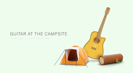 Cute travel poster with place for slogan, offer, announcement. 3D tent, guitar, fire log. Advertising for hiking tourism business. Promotion of healthy lifestyle, recreation in nature