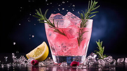 Refreshing pink drink or cocktail with ice, garnished with a slice of lime and rosemary. Generative Ai