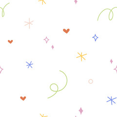 Leinwandbilder - Abstract creative seamless pattern. Endless background, scribble texture design, doodle elements, shapes. Hearts, lines, stars, squiggle and curls, repeating print. Flat vector illustration for fabric