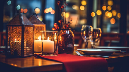 romantic dinner setup, red decoration with candle light in a restaurant. Selective focus. Vintage color. Generative Ai