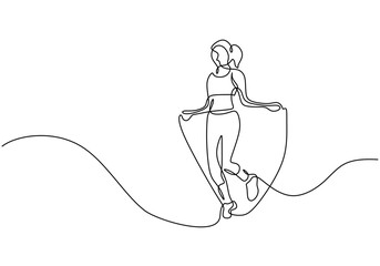 Wall Mural - One line drawing woman skipping sport theme. Continuous hand drawn illustration vector. Editable stroke.