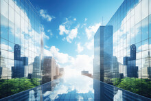 Reflective Skyscrapers, Business Office Buildings. Low Angle View Of Skyscrapers In City, Sunny Day. Business Wallpaper With Modern High-rises With Mirrored Windows. Generative AI Photo.
