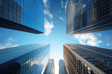 Wall Mural - Reflective skyscrapers, business office buildings. low angle view of skyscrapers in city, sunny day. Business wallpaper with modern high-rises with mirrored windows. Generative AI photo.