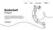 Slamdunk style basketball player, continuous one line art drawing, vector silhouette illustration, people jump. Good for sport graphic landing page element resources.