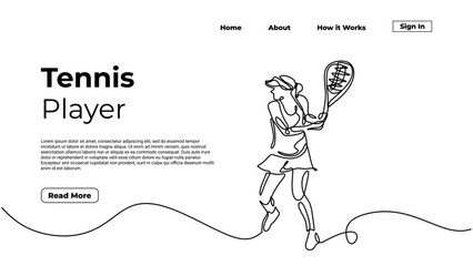 Canvas Print - Woman tennis player, continuous one line drawing, sketch art linear hand drawn, landing page sport concept, for web and graphic element, editable stroke vector.
