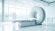 an MRI machine in the interior of a bright hospital. Generative AI