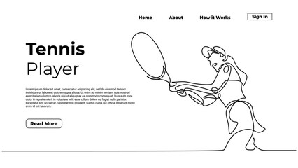 Wall Mural - continuous one line drawing of woman playing tennis, single hand drawn girl athlete sport game. Vector illustration of people holding racket, web landing page concept.