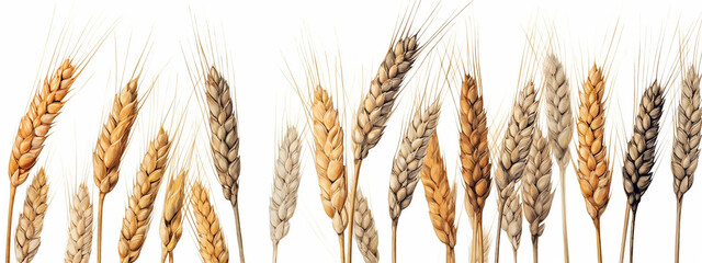 a group of golden panorama, yellow wheat ears isolated on a white background row. Generative AI