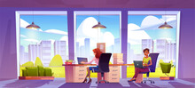 Woman Work Inside Office Room With Window Vector. Employee Character Sitting Near Desk With Laptop Cartoon Background. Female Manager Working In Openspace With Glass Wall, Plant And Paper Documents