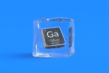 Gallium Ga chemical element of periodic table in ice cube. Symbol of chemistry element. 3d render