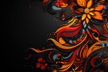 African Etnic Tribal Floral Pattern Drawing On Black Background, Colorful Layered Forms, Dark Black And Orange, Detailed Character Illustrations, Colorful Curves, Created With Generative Ai