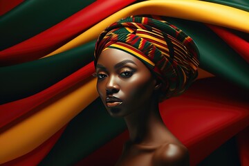 Young african woman in headdress or turban with colors of african flag background, for black history month, juneteenth, keti koti or remembrance abolition. Created with generative AI.