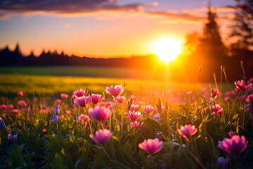 A gorgeous, picturesque sunset with a field of pink flowers stretching as far as the eye can see. The setting sun casts a beautiful golden light, creating a breathtaking scene that will stay with you.