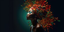 Young African Woman In Headdress Or Turban With Colors Of African Flag On A Green Background, For Black History Month, Juneteenth, Keti Koti Or Remembrance Abolition. Created With Generative AI.