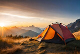 Fototapeta Las -  camping tent high in the mountains at sunset