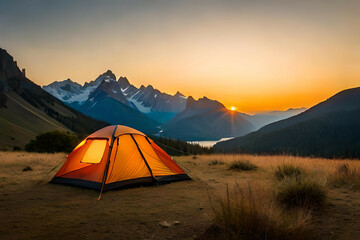 camping tent high in the mountains at sunset
