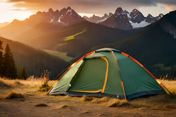 Wall Mural - camping tent high in the mountains at sunset