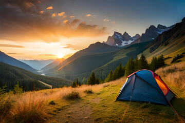 Wall Mural - camping tent high in the mountains at sunset