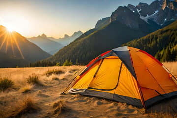 Wall Mural - camping tent high in the mountains at sunset