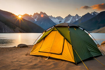 Wall Mural - camping tent high in the mountains at sunset