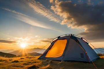Wall Mural - camping tent high in the mountains at sunset