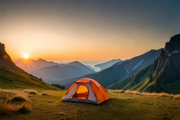 Wall Mural - camping tent high in the mountains at sunset
