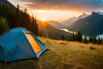 Wall Mural - camping tent high in the mountains at sunset