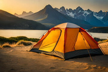 Wall Mural - camping tent high in the mountains at sunset