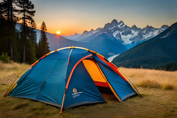 Wall Mural - camping tent high in the mountains at sunset