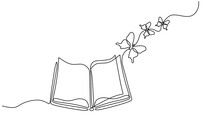 Flying Book One Line Drawing With Butterfly. Continuous Hand Drawn Contour Vector. Illustration Of Creative And Freedom.
