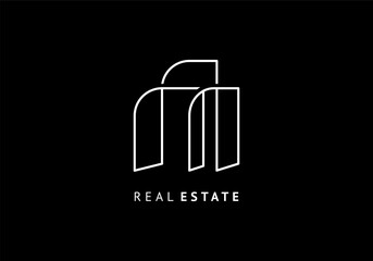 Wall Mural - Real estate line logo vector template. Building minimalist with simple outline drawing. Modern white line on black background.