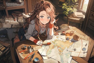 Poster - Beautiful girl explores a hidden paradise, stumbling upon a treasure map that leads her on a hilarious adventure manga anime style illustration generative ai