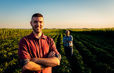 Wall Mural - Portrait of two farmers standing in soy field at sunset.