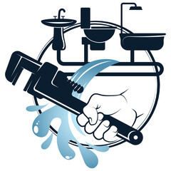 Wall Mural - Wrench in hand and a drop of water. Design for plumbing repair and service