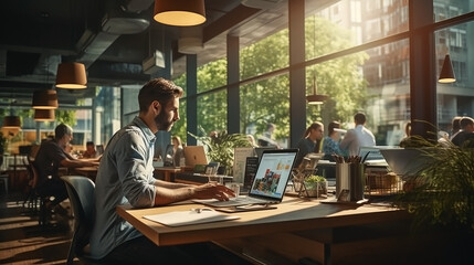 modern and sleek office environment with a large window, natural sunlight to flood the space, and a Handsome man in a casual sitting coding website working atmosphere and computer desk. Generative AI