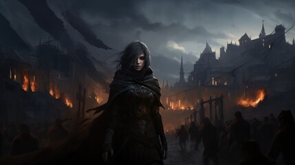 Wall Mural - Medieval woman assassin in black cloak stands against the background of glowing burning city at night