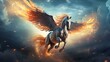 The mythic horse pegasus with white wings flying in the sky among lightnings