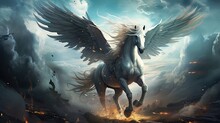 The Mythic Horse Pegasus With White Wings Flying In The Sky Among Lightnings