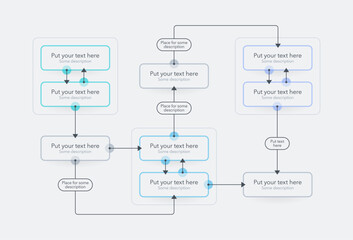 Aufkleber - Modern process flow diagram template with three main sections. Flat infographic design with thin lines for website or data presentation.