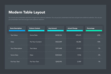 Poster - Modern table layout template with a five colorful columns - dark version. Simple flat template for project data visualization.