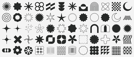 Aufkleber - Brutalist Shapes, Cool Geometric Forms. Bauhaus Minimalist Graphic Design Elements. Trendy Y2K Vector Signs. Simple Star and Flower Basic Shapes.
