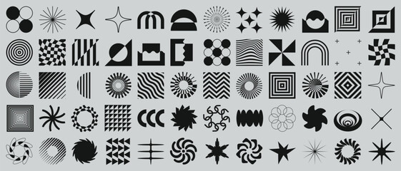 Aufkleber - Brutalist Shapes, Cool Geometric Forms. Bauhaus Minimalist Graphic Design Elements. Trendy Y2K Vector Signs. Simple Star and Flower Basic Shapes.