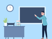 Teacher At Blackboard, Man Teaching Math In School Or College. Professor Standing At Chalkboard, Lesson Time. Flat Study Recent Vector Scene