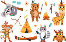 Boho Tribal Woodland Animals, Cartoon Animal Hunting Clipart. Nordic Wild Characters, Koala, Raccoon And Giraffe. Childish Classy Vector Stickers Graphic