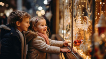 Small Children Stand On The Street Near A Shop Window Decorated With New Year's Garlands