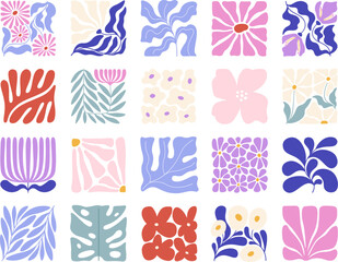 Decorative doodle floral modern elements. Flower contemporary tiles, matisse inspired design. Abstract plants and flowers racy vector graphic set